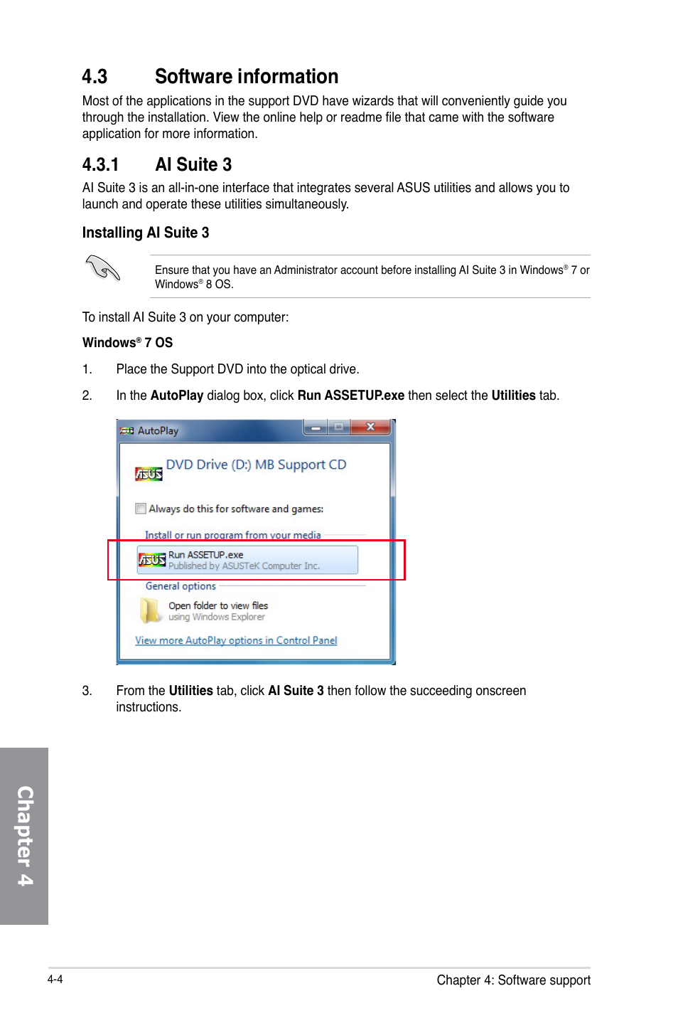 3 software information, 1 ai suite 3, Software information -4 4.3.1 | Ai suite 3 -4, Chapter 4 4.3 software information | Asus GRYPHON Z87 User Manual | Page 130 / 168