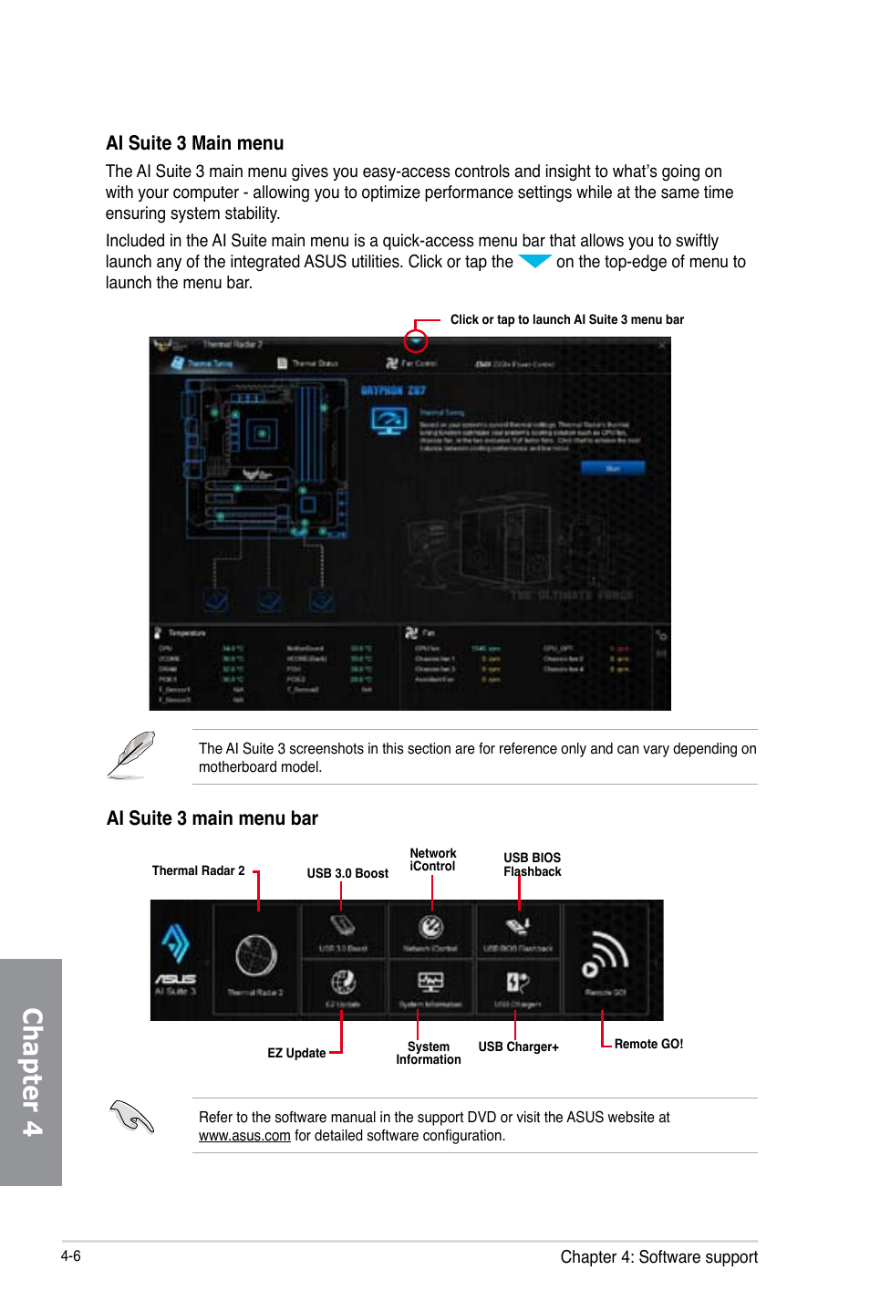 Chapter 4, Ai suite 3 main menu, Ai suite 3 main menu bar | Asus GRYPHON Z87 User Manual | Page 132 / 168