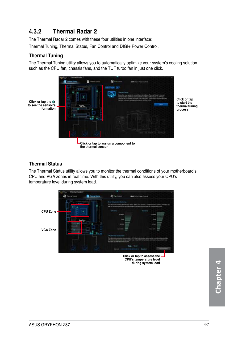 2 thermal radar 2, Thermal radar 2 -7, Chapter 4 | Thermal tuning, Thermal status | Asus GRYPHON Z87 User Manual | Page 133 / 168