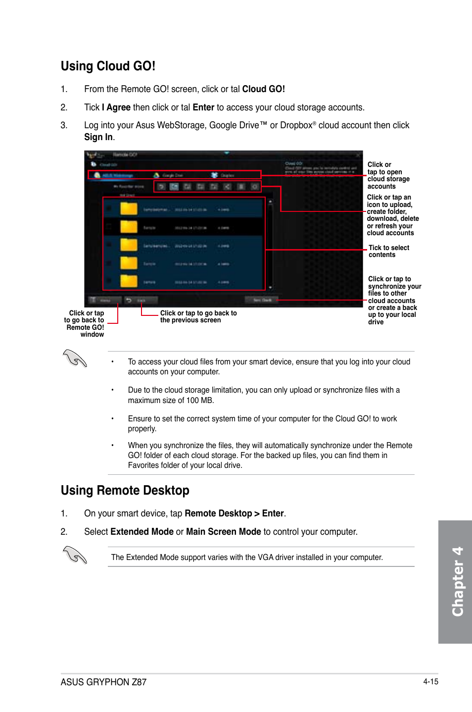 Chapter 4, Using cloud go, Using remote desktop | Asus GRYPHON Z87 User Manual | Page 141 / 168