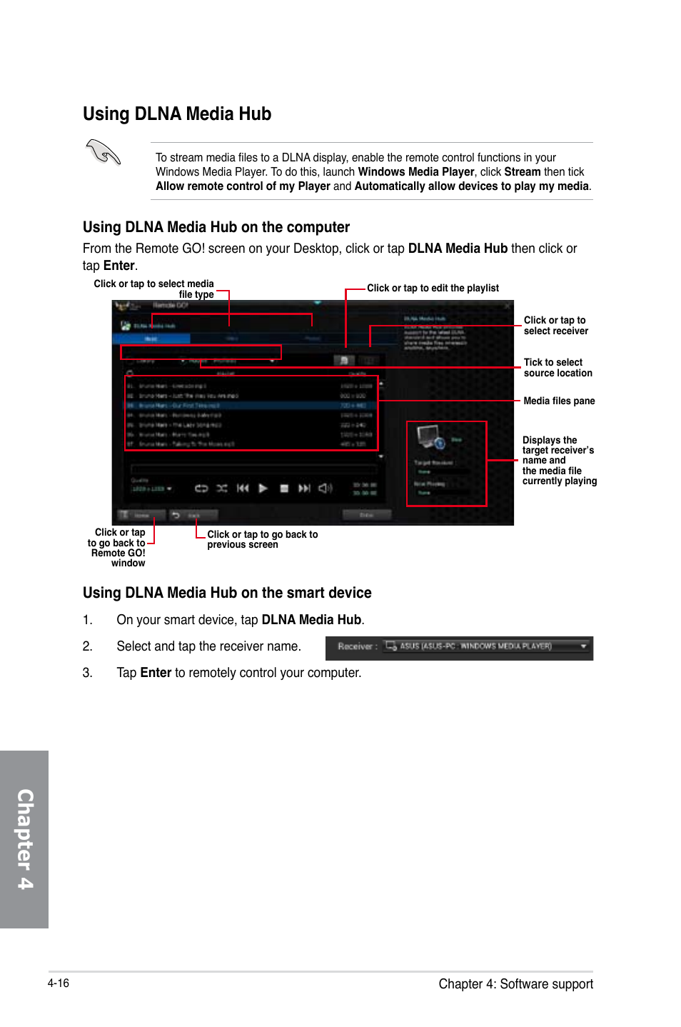 Chapter 4, Using dlna media hub, Using dlna media hub on the computer | Using dlna media hub on the smart device | Asus GRYPHON Z87 User Manual | Page 142 / 168