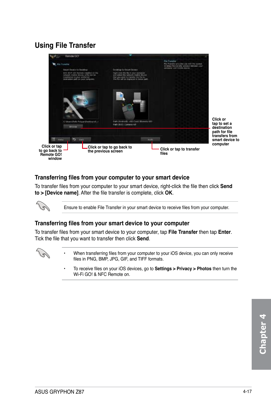 Chapter 4, Using file transfer | Asus GRYPHON Z87 User Manual | Page 143 / 168