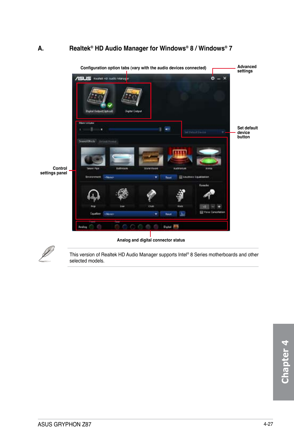 Chapter 4, A. realtek, Hd audio manager for windows | 8 / windows | Asus GRYPHON Z87 User Manual | Page 153 / 168