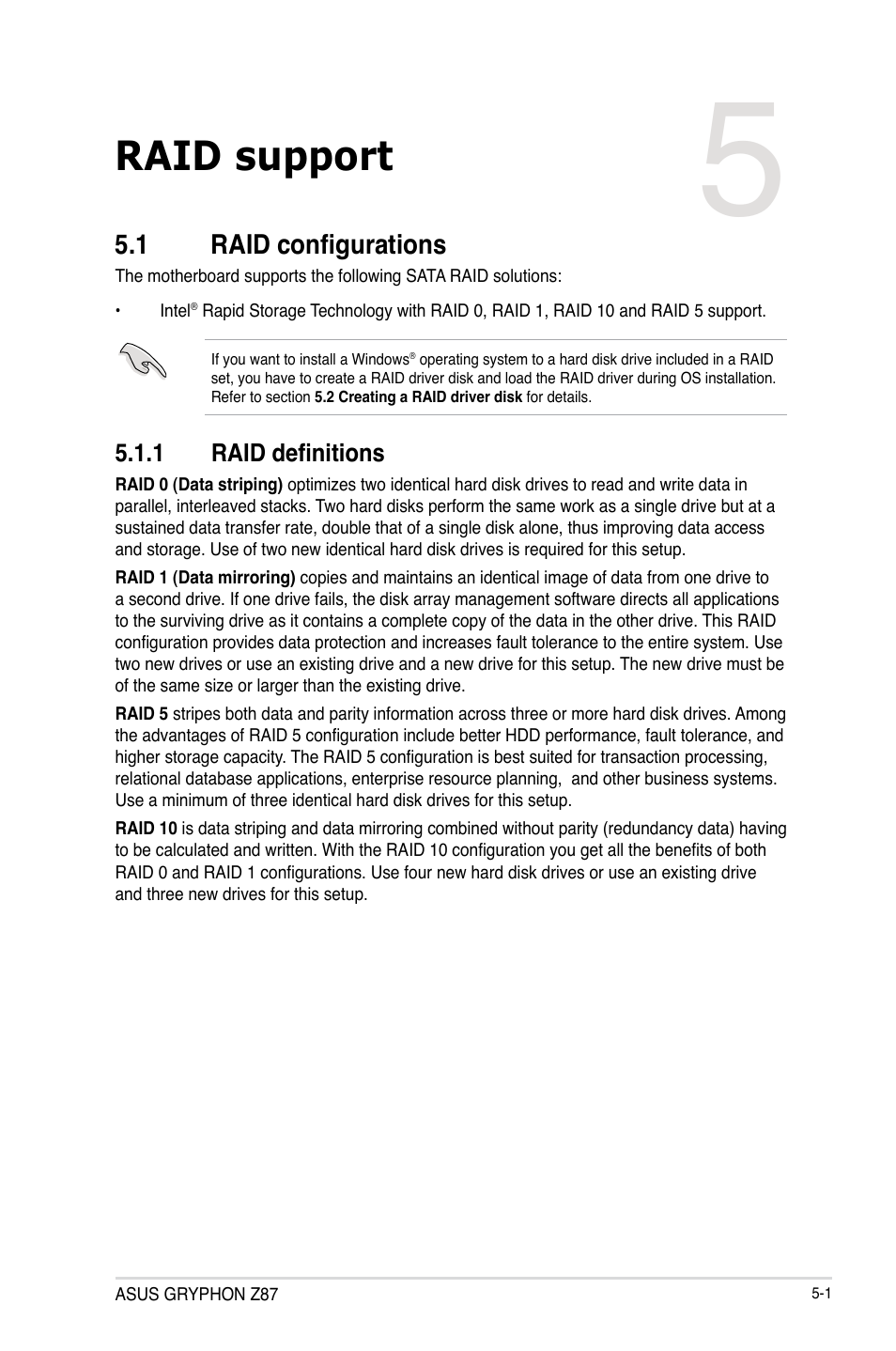 Chapter 5: raid support, 1 raid configurations, 1 raid definitions | Chapter 5, Raid support, Raid configurations -1 5.1.1, Raid definitions -1 | Asus GRYPHON Z87 User Manual | Page 155 / 168