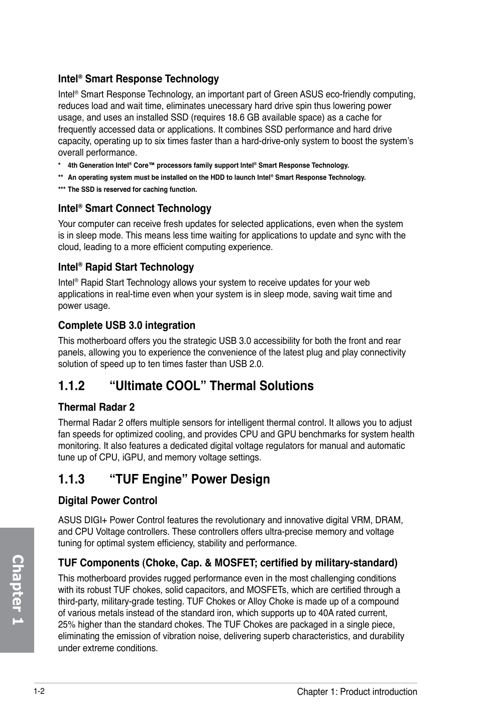 2 “ultimate cool” thermal solutions, 3 “tuf engine” power design, Ultimate cool” thermal solutions -2 | Tuf engine” power design -2, Chapter 1 | Asus GRYPHON Z87 User Manual | Page 16 / 168