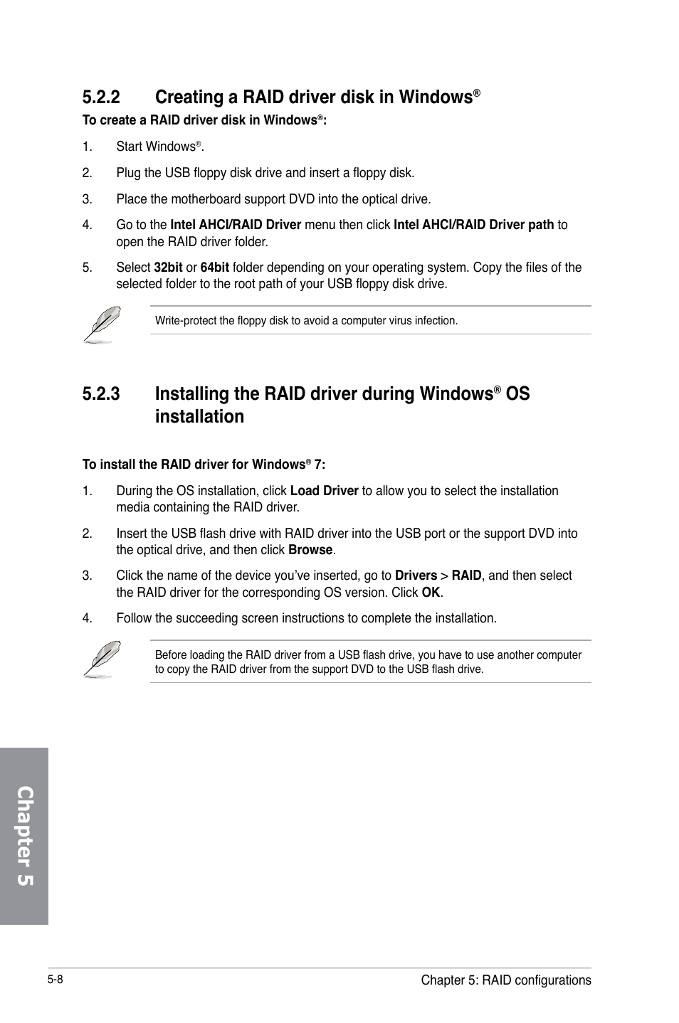 2 creating a raid driver disk in windows, Creating a raid driver disk in windows, Installing the raid driver during windows | Os installation -8, Chapter 5, 3 installing the raid driver during windows, Os installation | Asus GRYPHON Z87 User Manual | Page 162 / 168