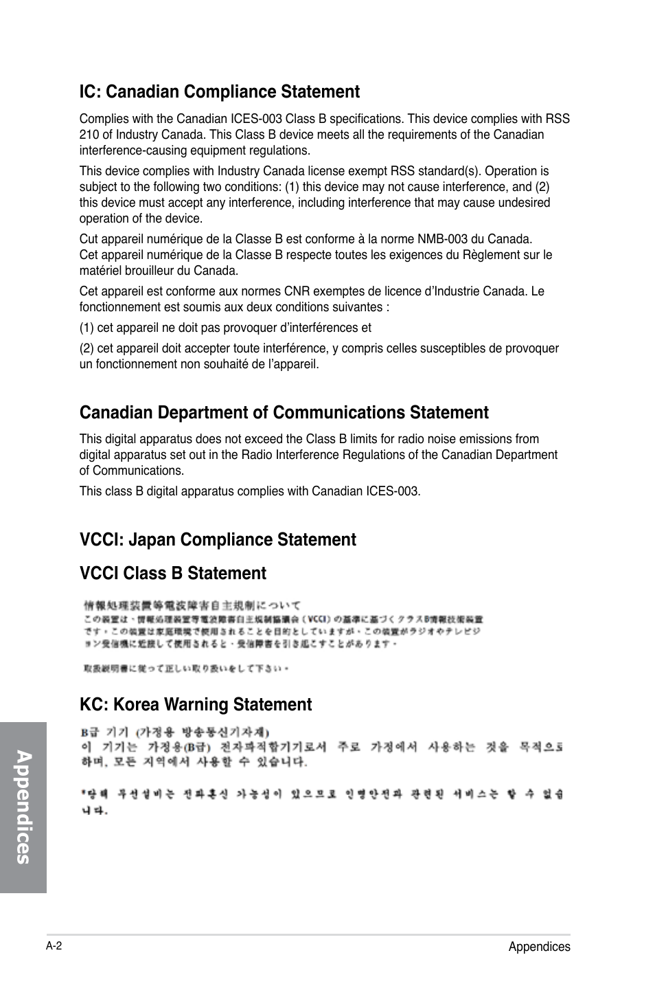 Appendices, Ic: canadian compliance statement, Canadian department of communications statement | Asus GRYPHON Z87 User Manual | Page 164 / 168