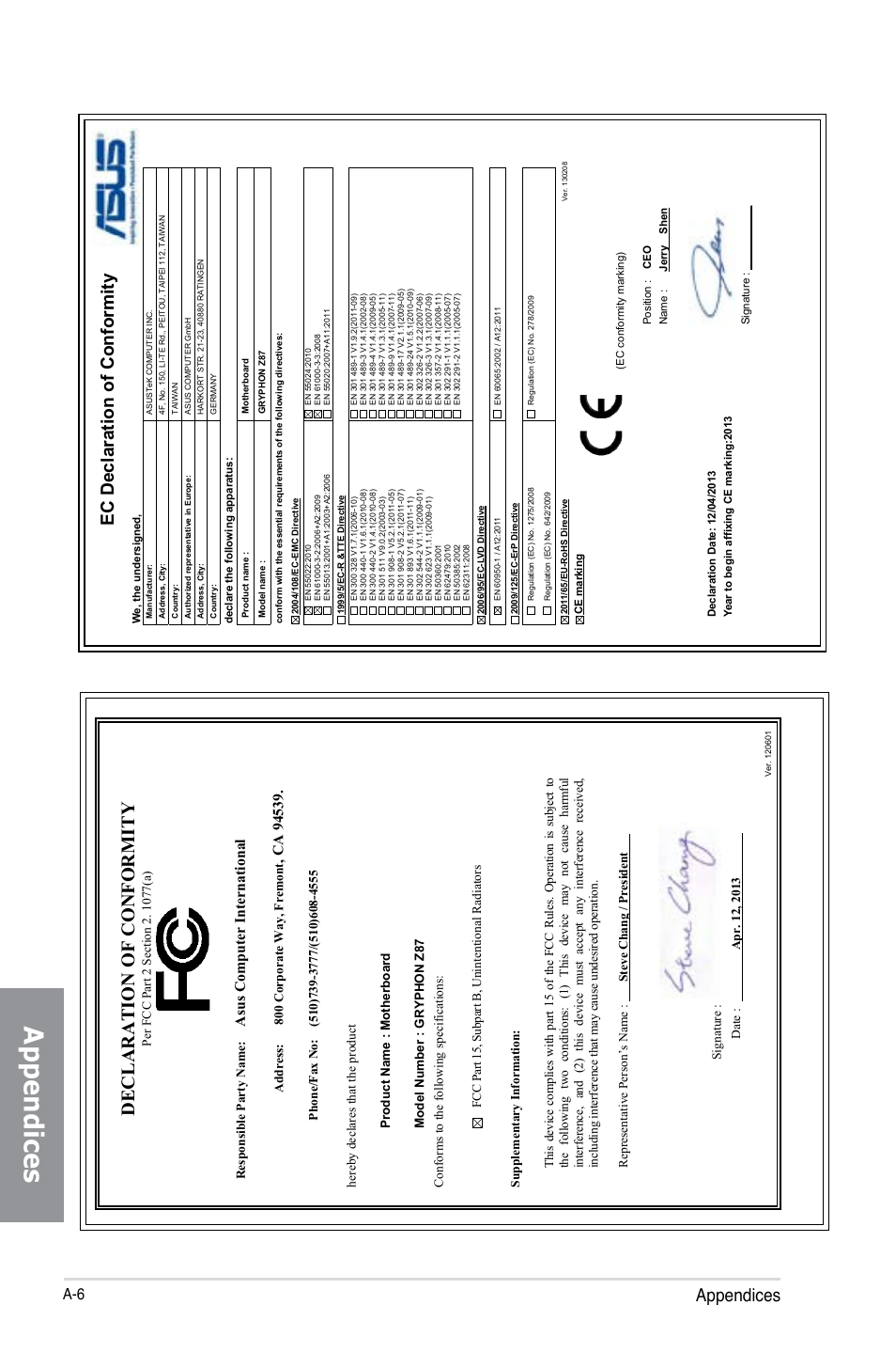 Declaration of conformity, Appendices, Ec declaration of conformity | Asu s c om pu te r in te rn at io na l | Asus GRYPHON Z87 User Manual | Page 168 / 168