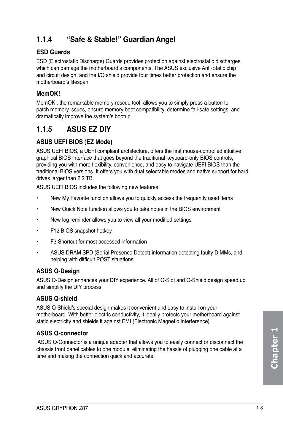 4 “safe & stable!” guardian angel, 5 asus ez diy, Safe & stable!” guardian angel -3 | Asus ez diy -3, Chapter 1 | Asus GRYPHON Z87 User Manual | Page 17 / 168