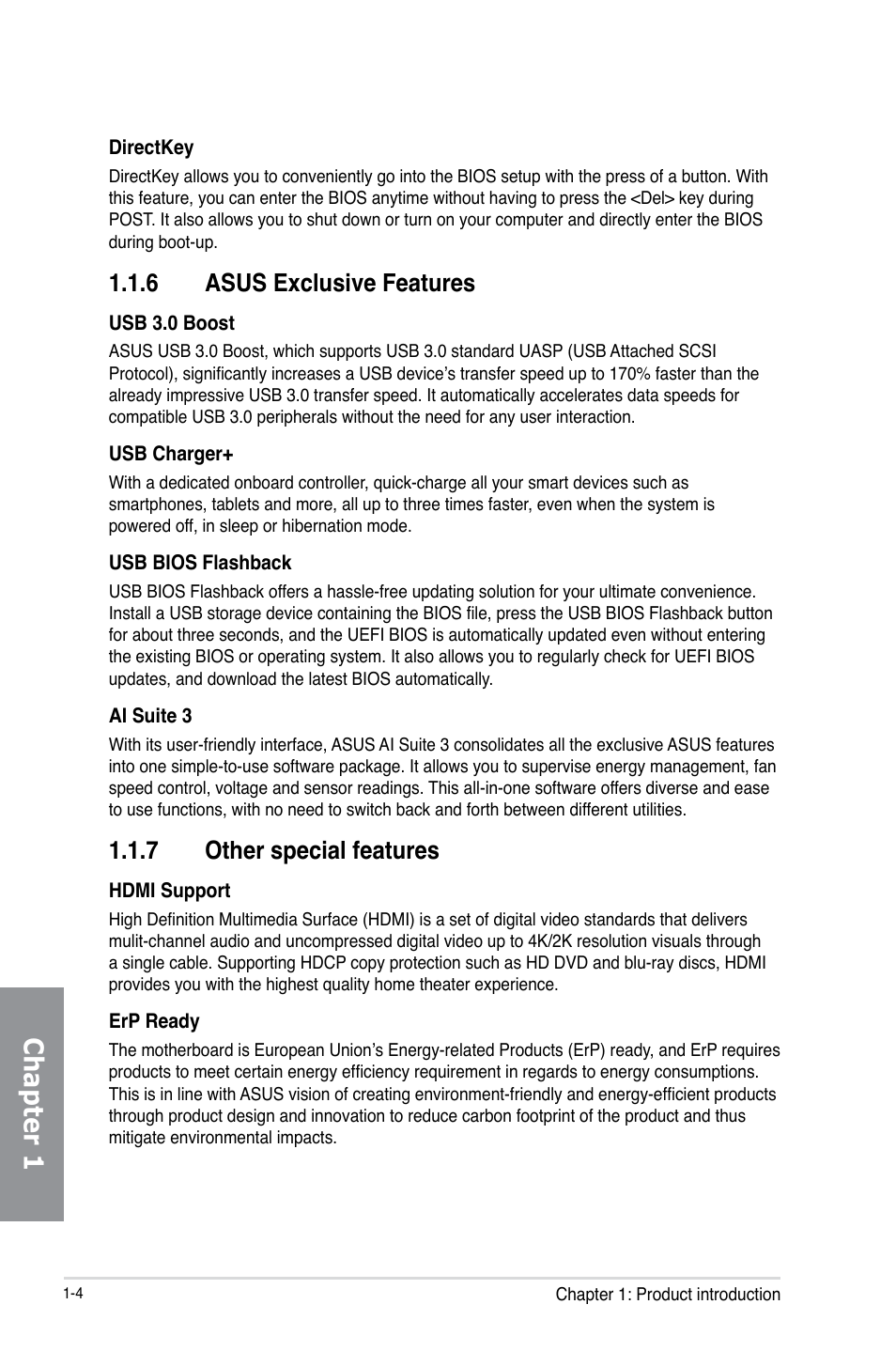 6 asus exclusive features, 7 other special features, Asus exclusive features -4 | Other special features -4, Chapter 1 | Asus GRYPHON Z87 User Manual | Page 18 / 168