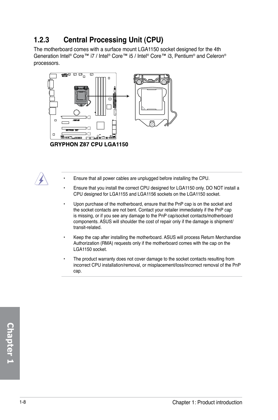 3 central processing unit (cpu), Central processing unit (cpu) -8, Chapter 1 | Asus GRYPHON Z87 User Manual | Page 22 / 168