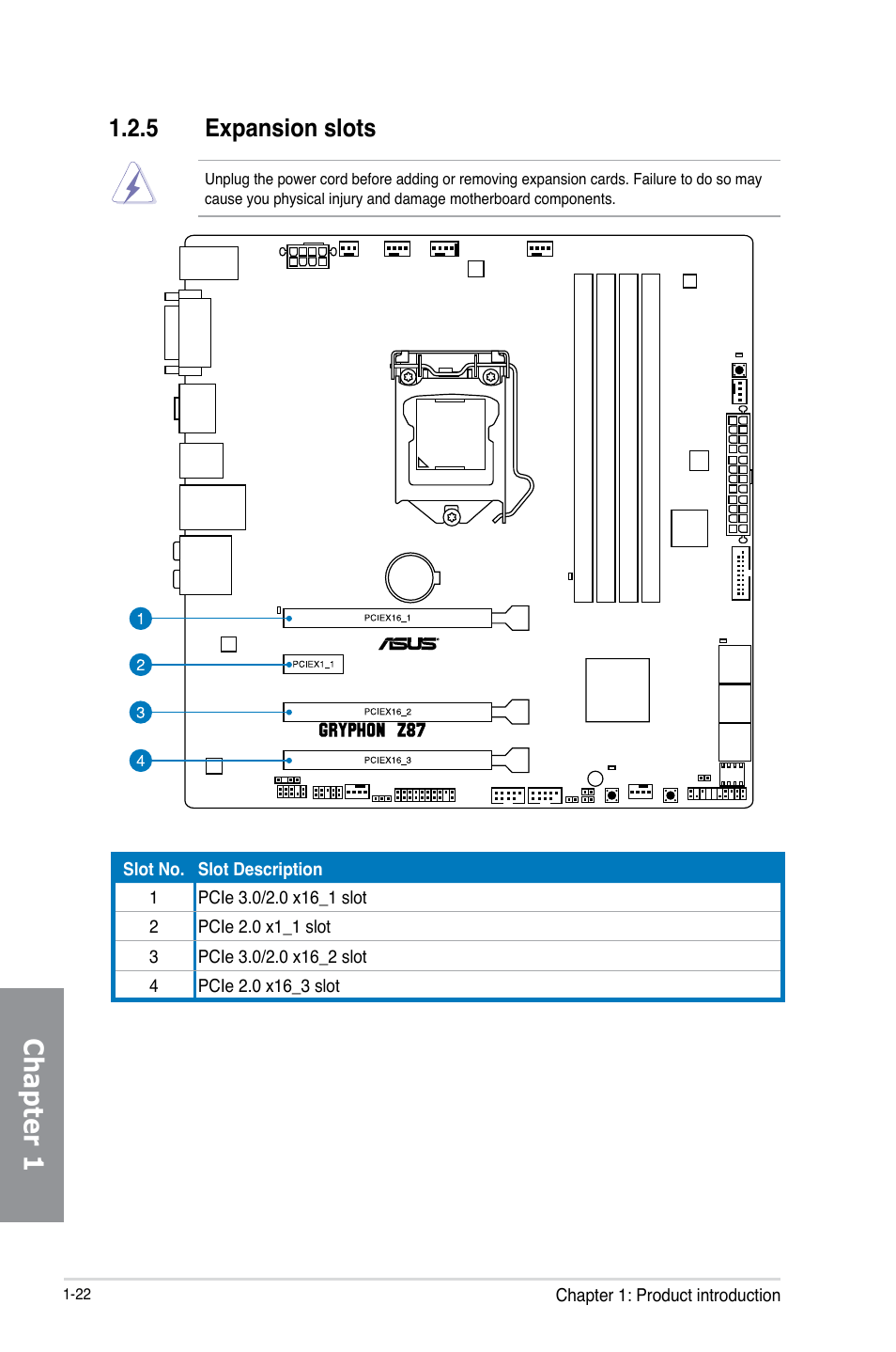 5 expansion slots, Expansion slots -22, Chapter 1 | Asus GRYPHON Z87 User Manual | Page 36 / 168