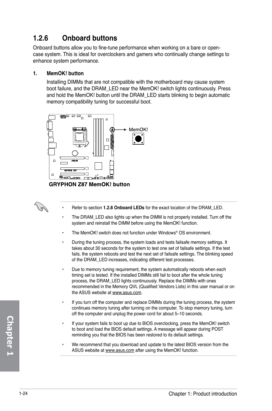 6 onboard buttons, Onboard buttons -24, Chapter 1 | Asus GRYPHON Z87 User Manual | Page 38 / 168