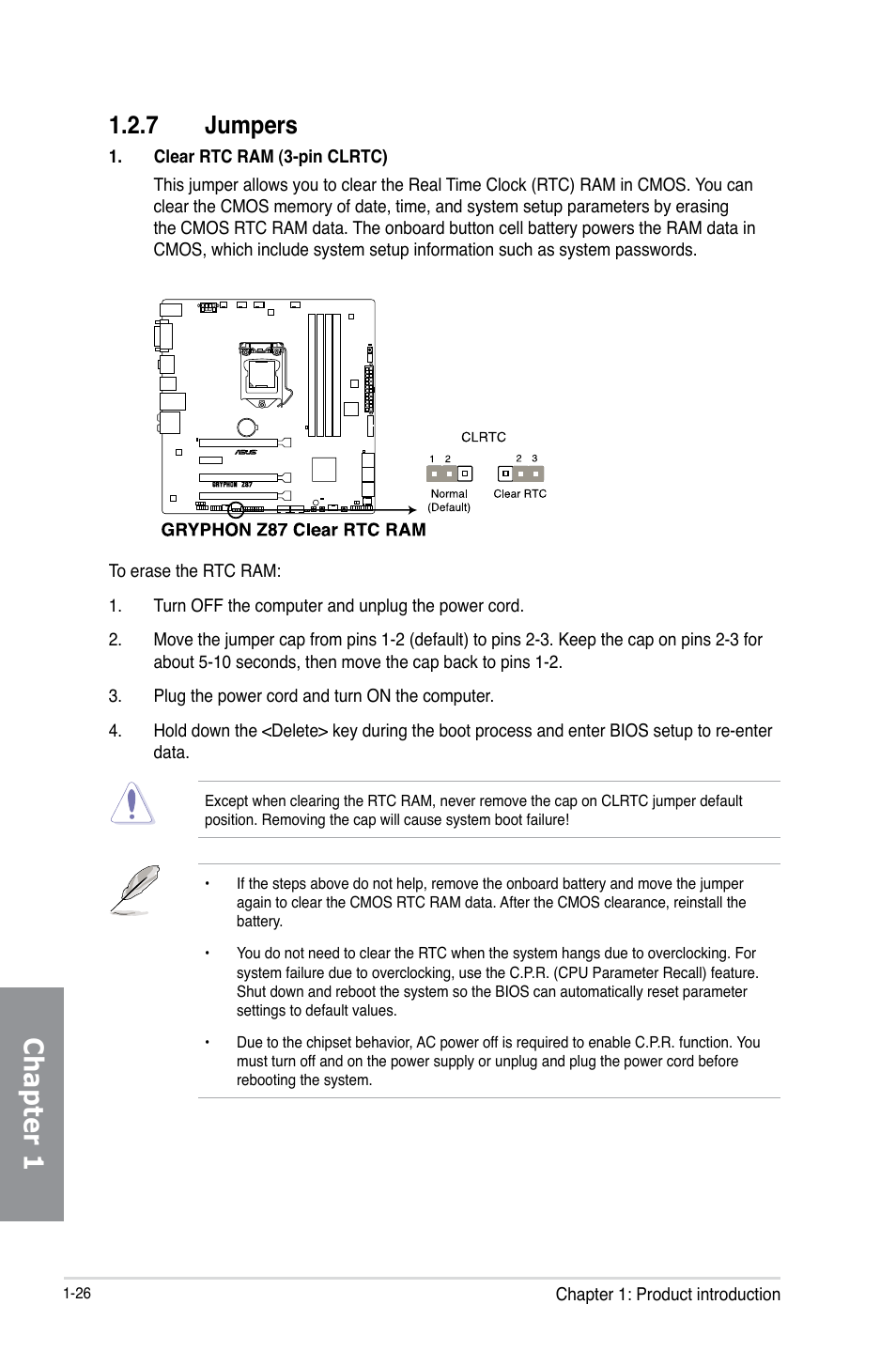 7 jumpers, Jumpers -26, Chapter 1 | Asus GRYPHON Z87 User Manual | Page 40 / 168