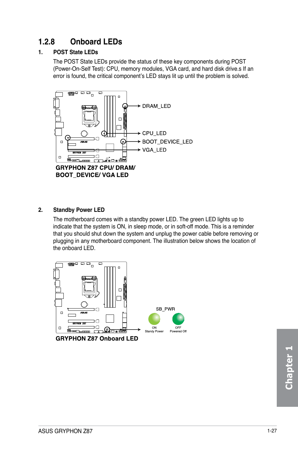 8 onboard leds, Onboard leds -27, Chapter 1 | Asus GRYPHON Z87 User Manual | Page 41 / 168