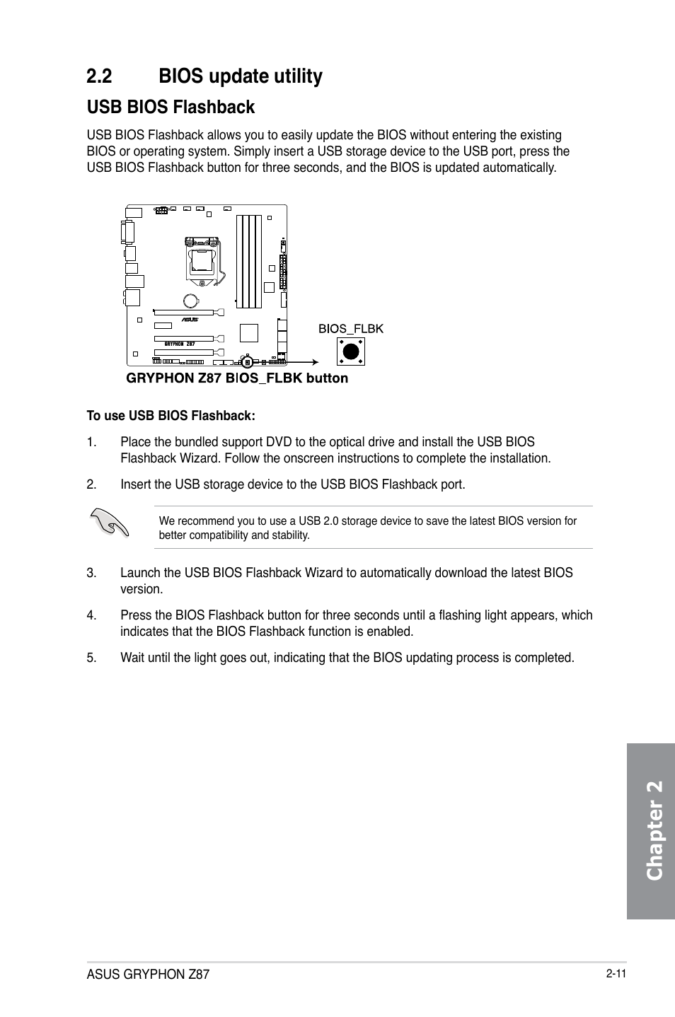 2 bios update utility, Bios update utility -11, Chapter 2 2.2 bios update utility | Usb bios flashback | Asus GRYPHON Z87 User Manual | Page 61 / 168