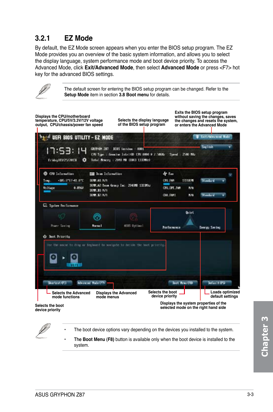 1 ez mode, Ez mode -3, Chapter 3 | Asus GRYPHON Z87 User Manual | Page 71 / 168