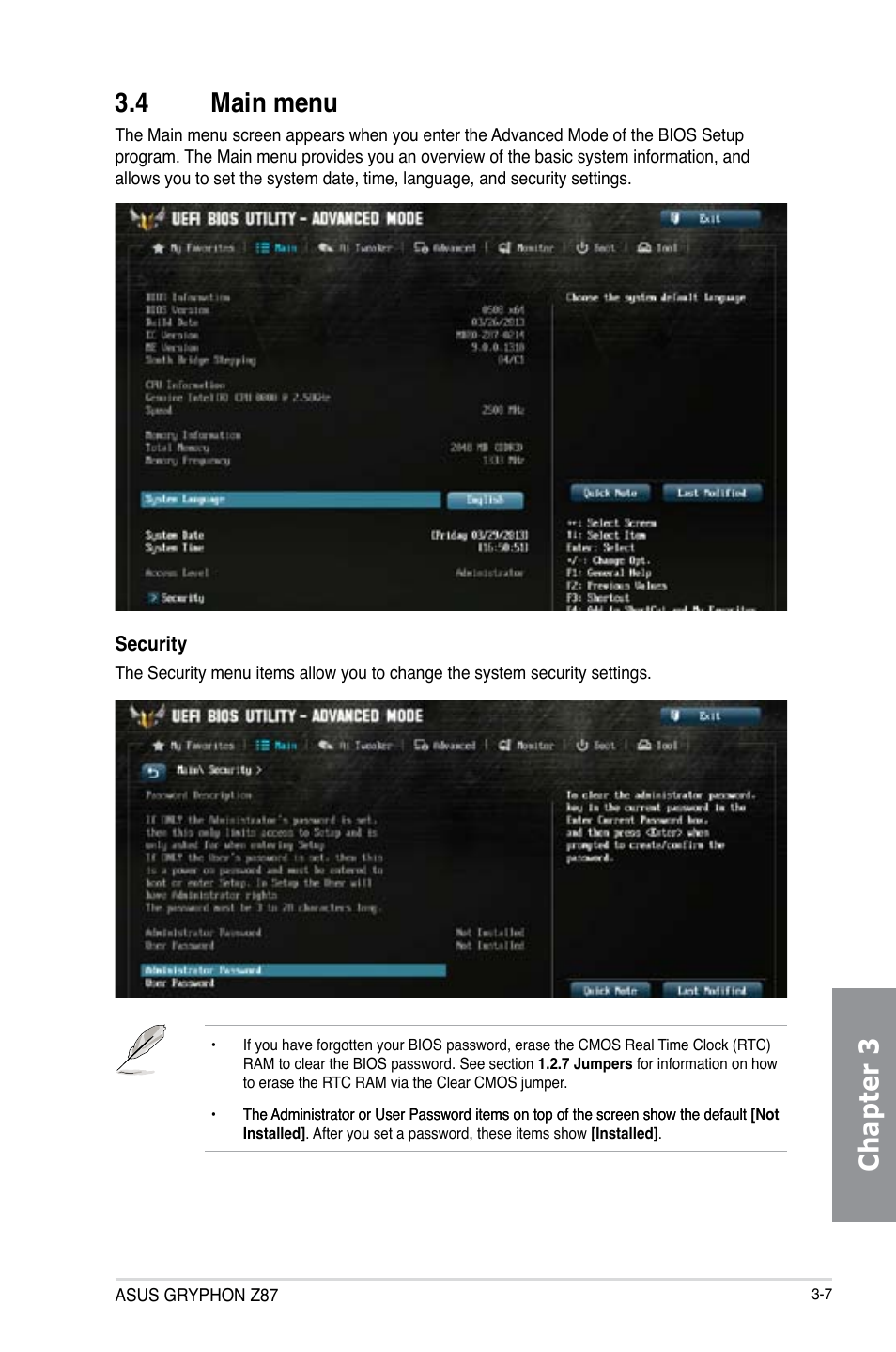 4 main menu, Main menu -7, Chapter 3 3.4 main menu | Asus GRYPHON Z87 User Manual | Page 75 / 168