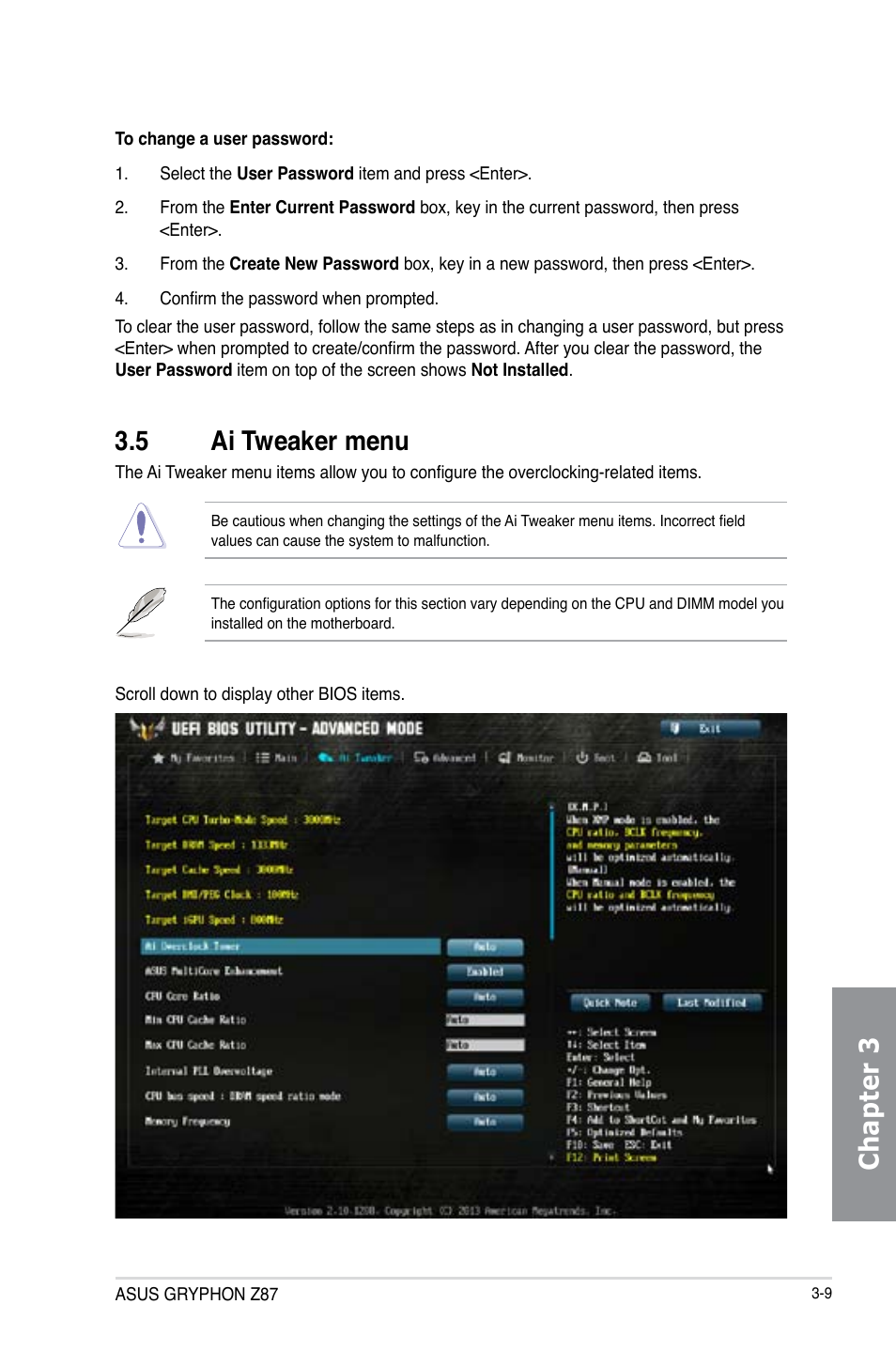 5 ai tweaker menu, Ai tweaker menu -9, Chapter 3 | Asus GRYPHON Z87 User Manual | Page 77 / 168