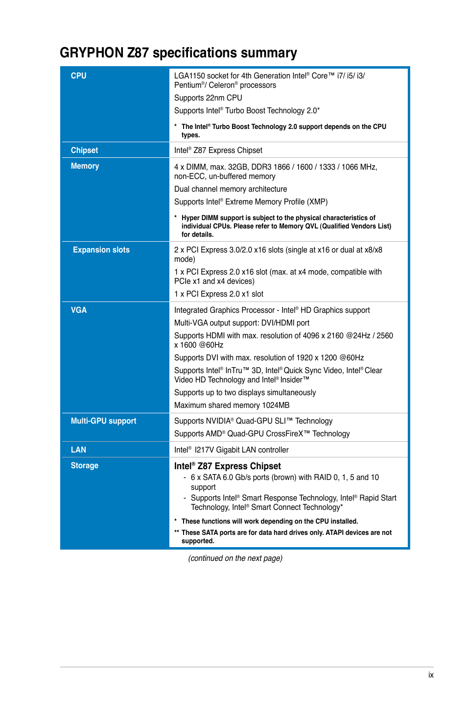 Gryphon z87 specifications summary, Intel, Z87 express chipset | Asus GRYPHON Z87 User Manual | Page 9 / 168