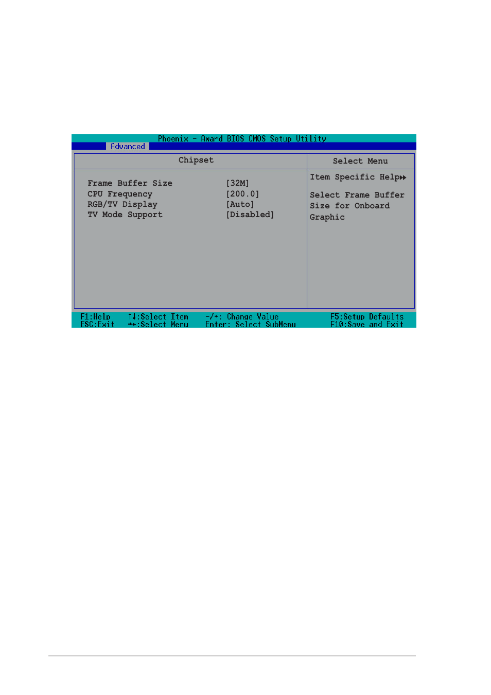 2 chipset, Frame buffer size [32m, Cpu frequency [200.0 | Rgb/tv display [auto, Tv mode support [disabled | Asus P1-AH1 User Manual | Page 76 / 94