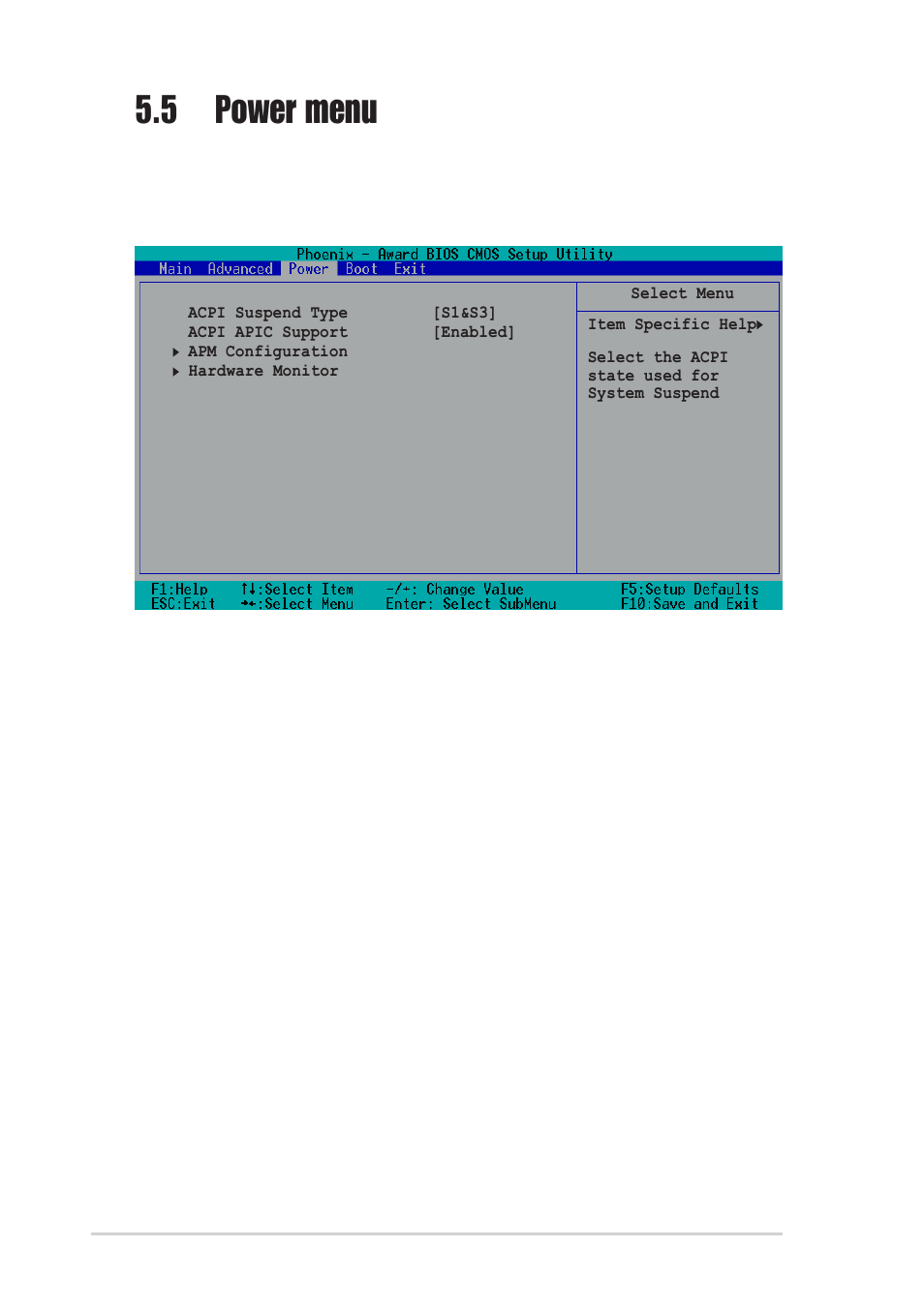 5 power menu, Acpi suspend type [s1 & s3, Acpi apic support [enabled | Asus P1-AH1 User Manual | Page 82 / 94