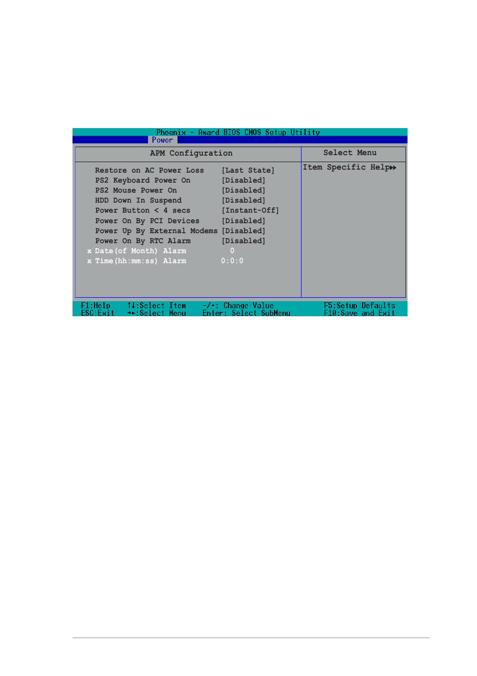 1 apm configuration, Restore on ac power loss [power off, Ps2 keyboard power on [disabled | Ps2 mouse power on [disabled, Hdd down in suspend [disabled | Asus P1-AH1 User Manual | Page 83 / 94