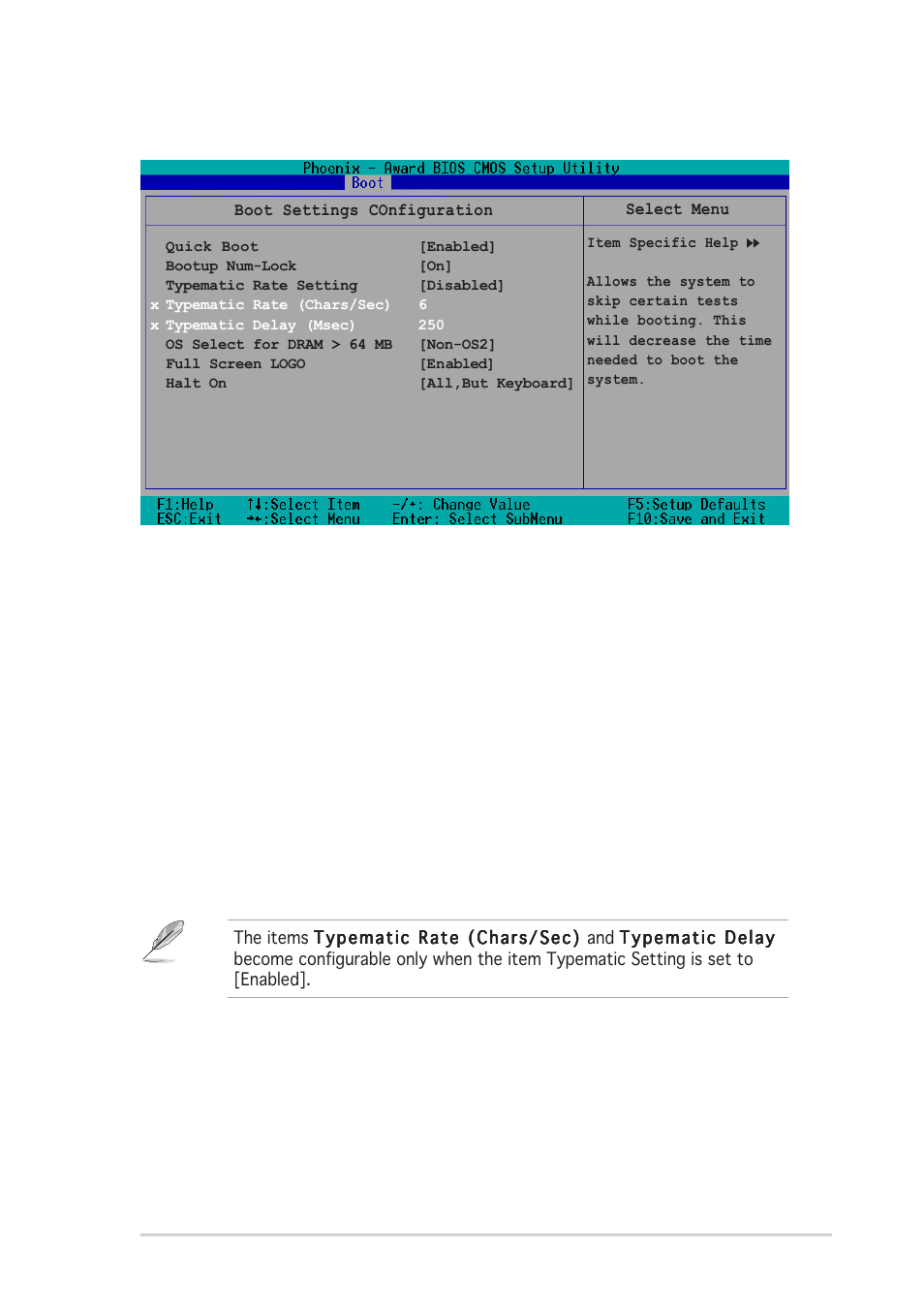 5 boot settings configuration, Quick boot [enabled, Bootup num-lock [on | Typematic rate setting [disabled, Typematic rate (chars/sec) [6, Typematic delay (msec) [250, 29 asus pundit p1-ah1 | Asus P1-AH1 User Manual | Page 89 / 94