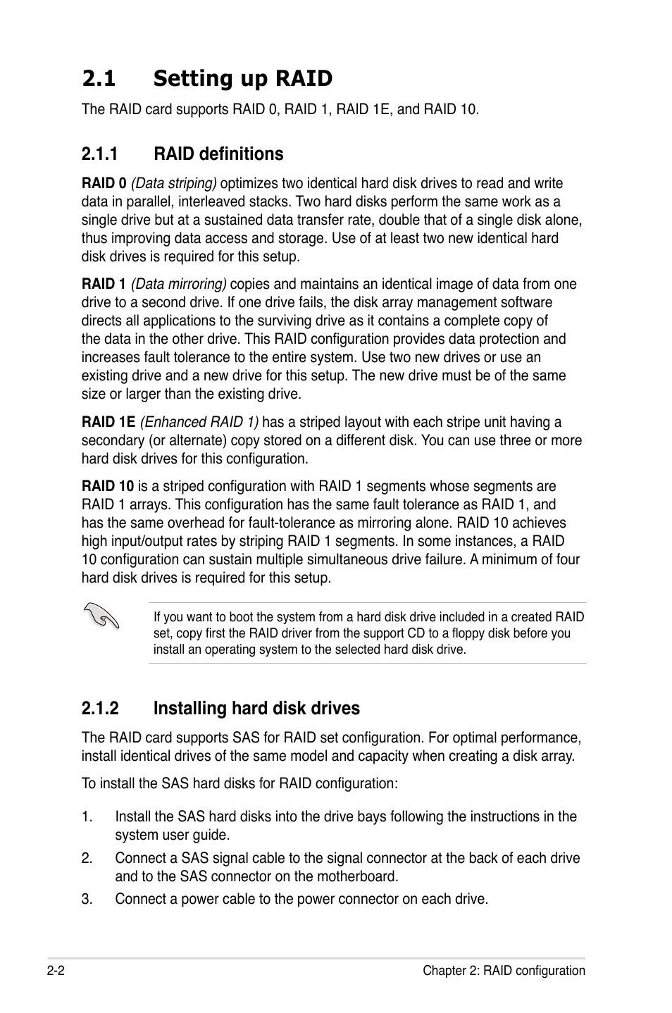 1 setting up raid, 1 raid definitions, 2 installing hard disk drives | Setting up raid -2 2.1.1, Raid definitions -2, Installing hard disk drives -2 | Asus PIKE 2008 User Manual | Page 16 / 60