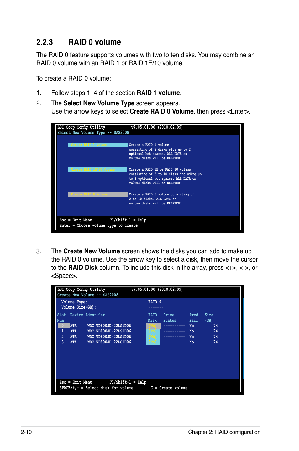 3 raid 0 volume, Raid 0 volume -10, 10 chapter 2: raid configuration | Asus PIKE 2008 User Manual | Page 24 / 60