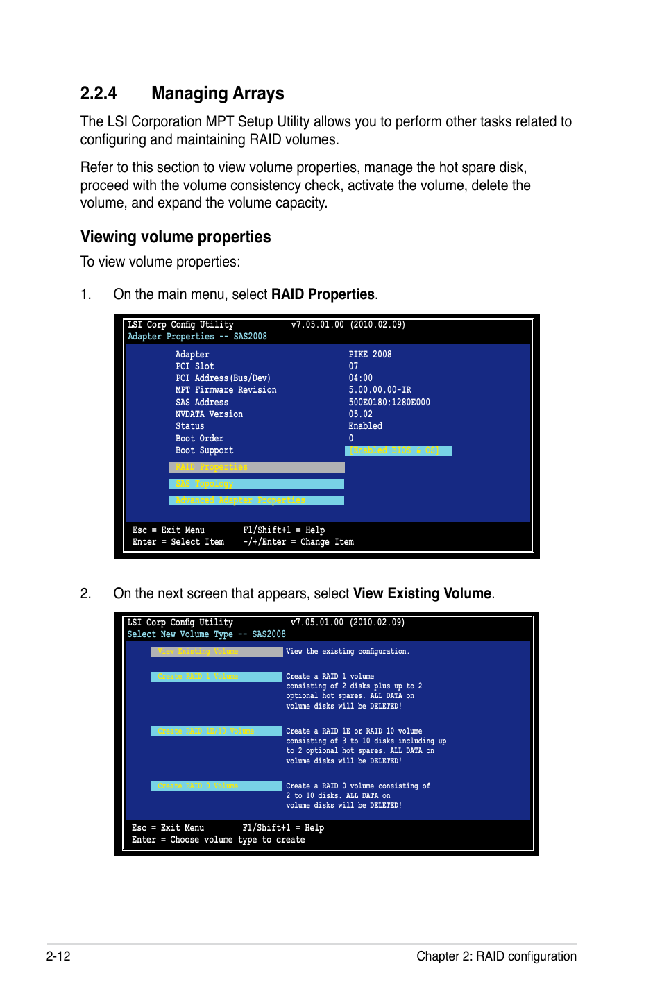 4 managing arrays, Managing arrays -12, Viewing volume properties | 12 chapter 2: raid configuration | Asus PIKE 2008 User Manual | Page 26 / 60