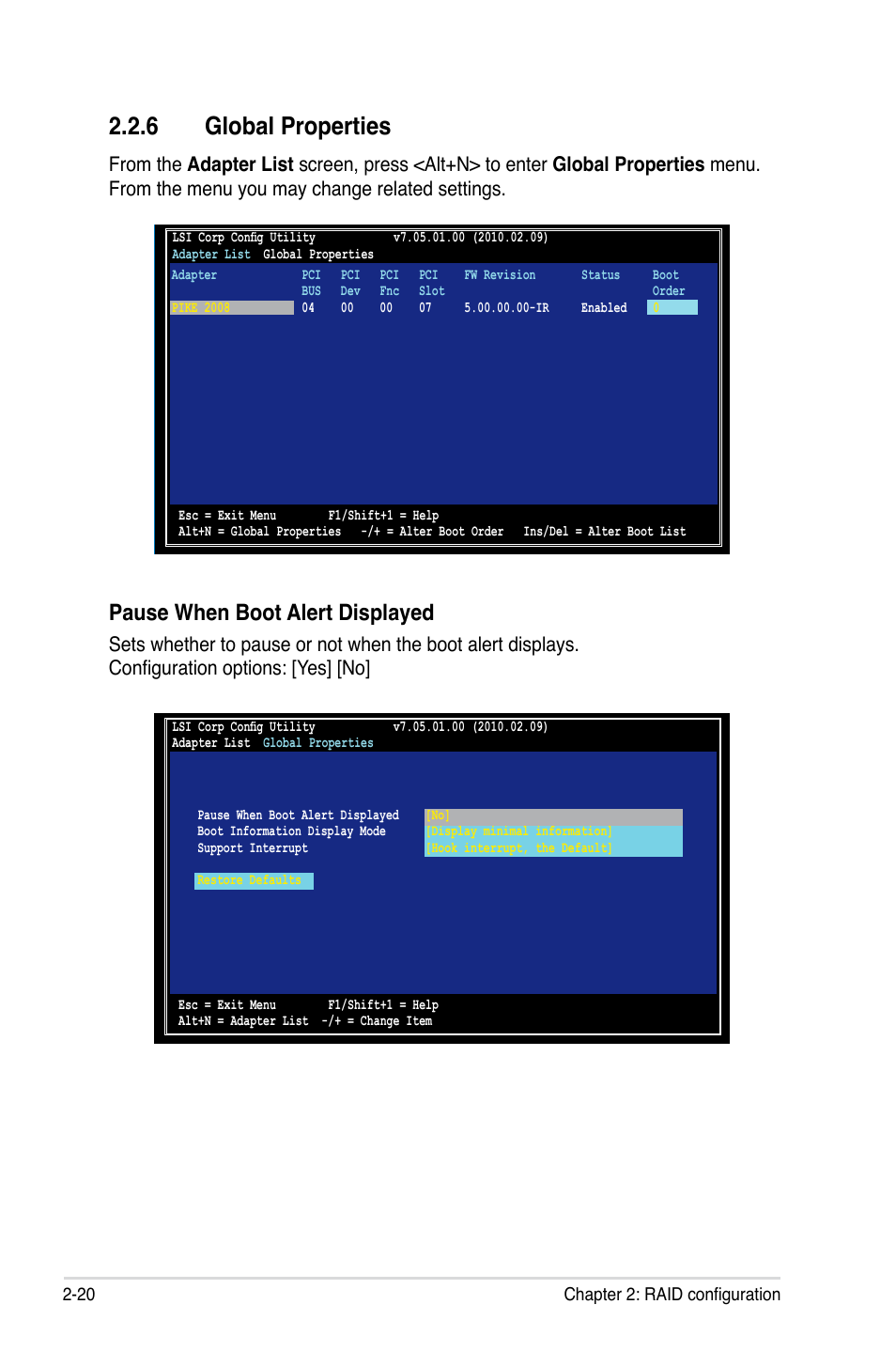 6 global properties, Global properties -20, Pause when boot alert displayed | Asus PIKE 2008 User Manual | Page 34 / 60