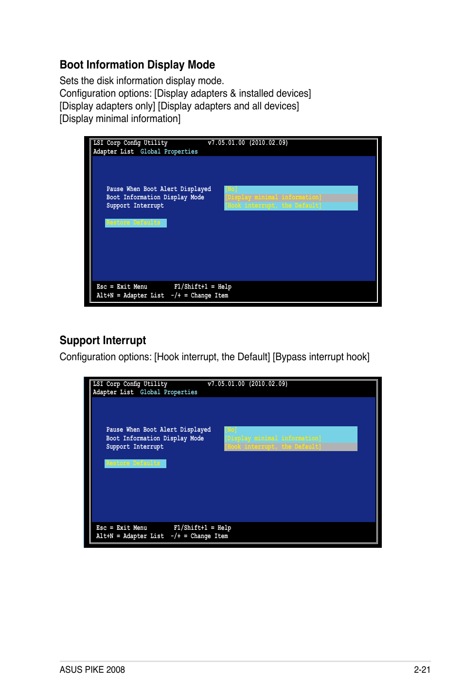 Boot information display mode, Support interrupt | Asus PIKE 2008 User Manual | Page 35 / 60