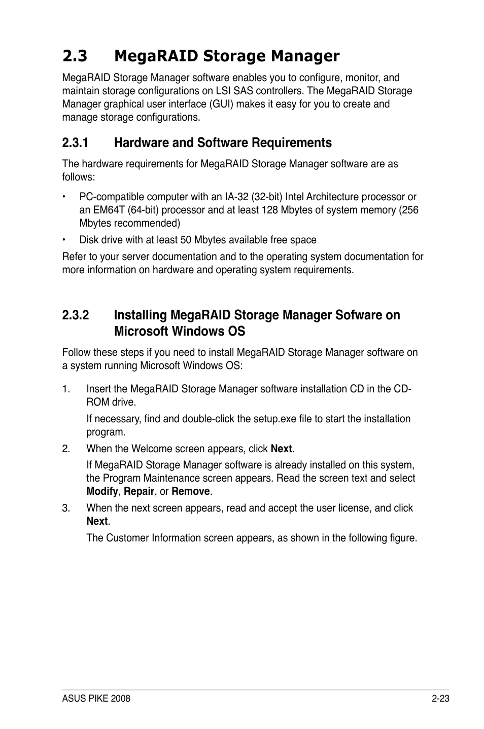 3 megaraid storage manager, 1 hardware and software requirements, Megaraid storage manager -23 2.3.1 | Hardware and software requirements -23, Installing megaraid storage manager sofware, On microsoft windows os -23 | Asus PIKE 2008 User Manual | Page 37 / 60