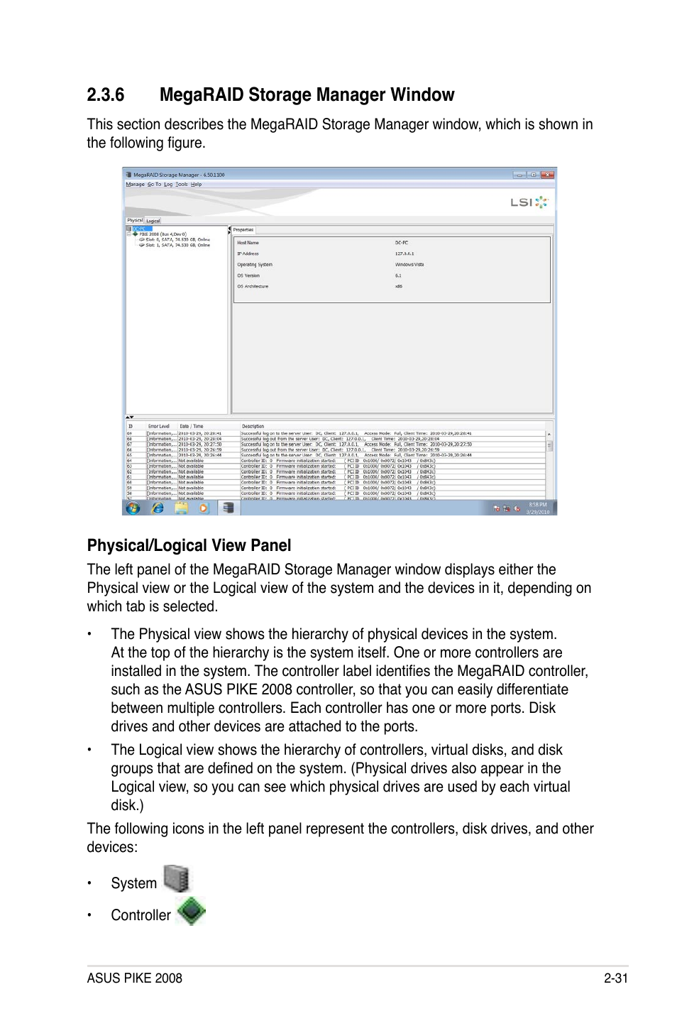 6 megaraid storage manager window, Megaraid storage manager window -31 | Asus PIKE 2008 User Manual | Page 45 / 60