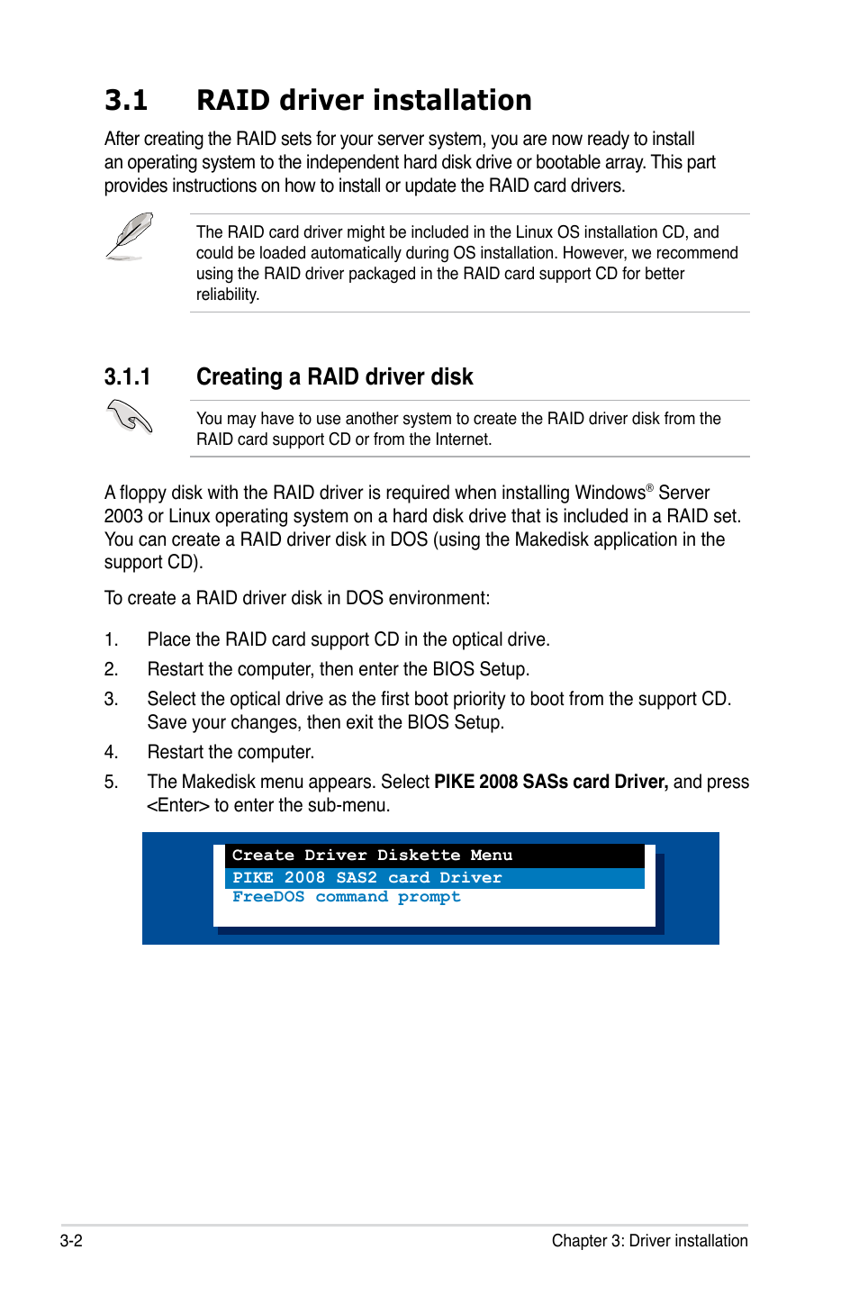 1 raid driver installation, 1 creating a raid driver disk, Raid driver installation -2 3.1.1 | Creating a raid driver disk -2 | Asus PIKE 2008 User Manual | Page 50 / 60