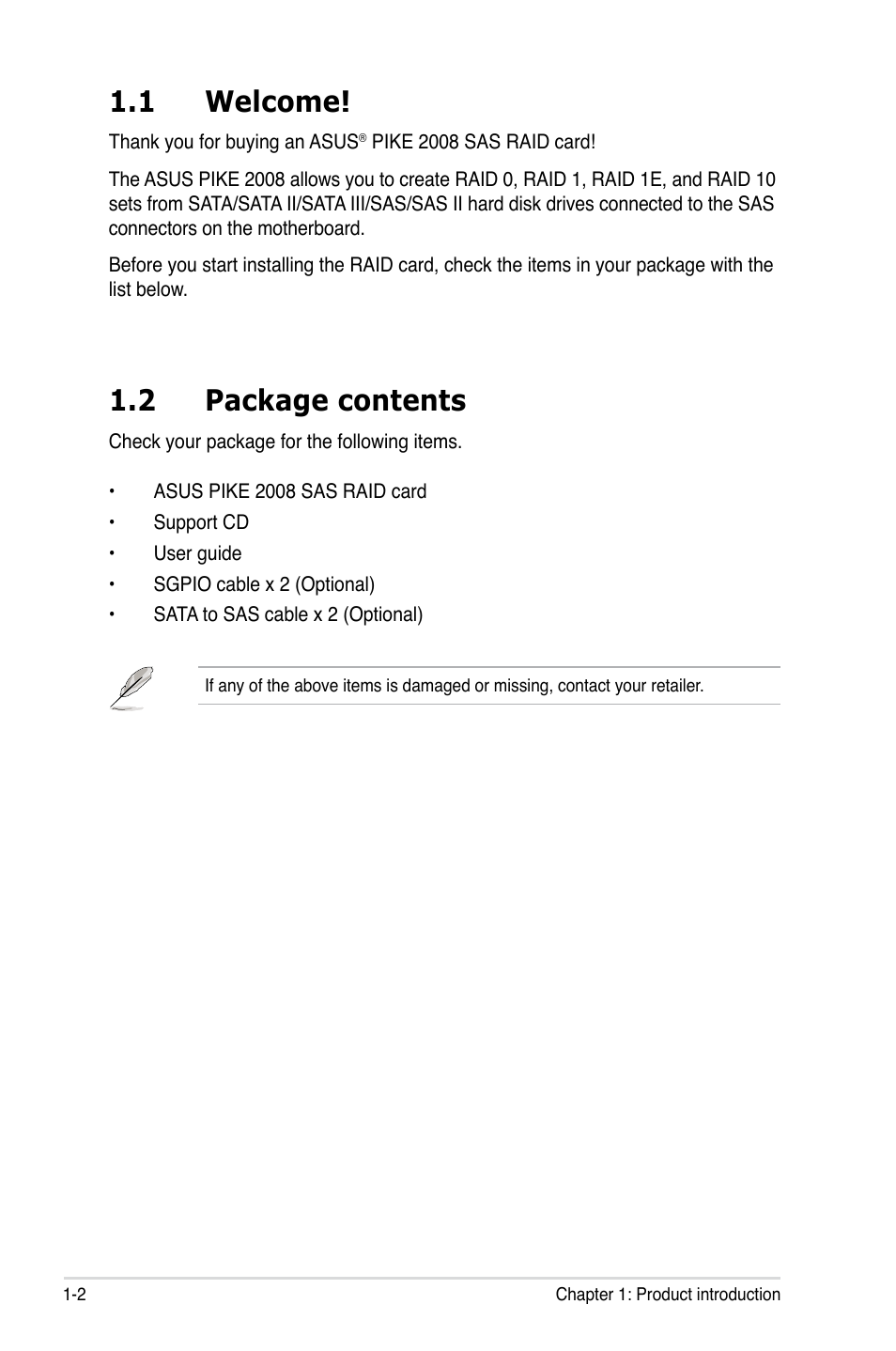 1 welcome, 2 package contents, Welcome! -2 | Package contents -2 | Asus PIKE 2008 User Manual | Page 8 / 60