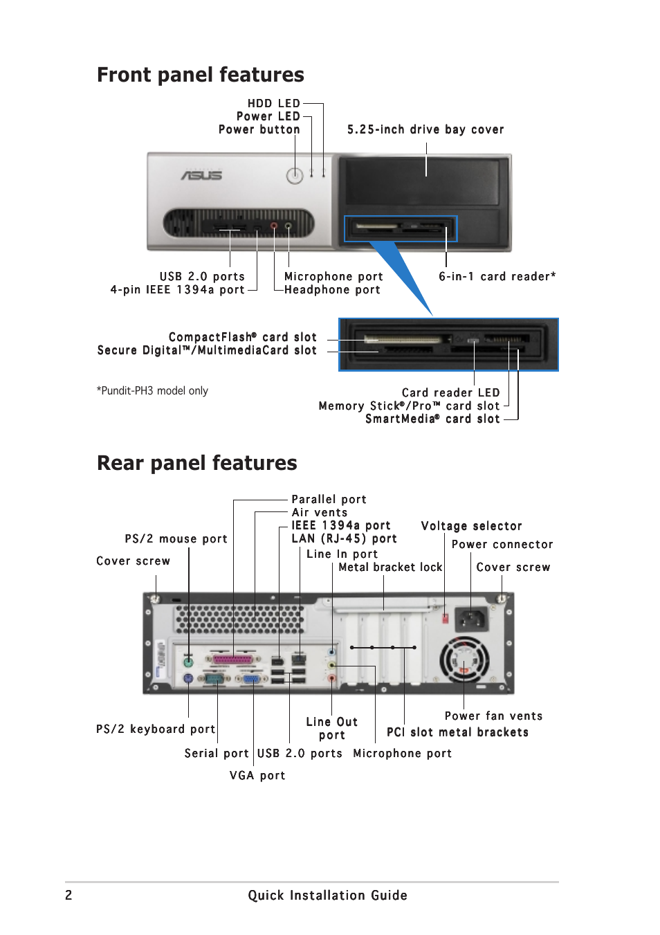 Rear panel features, Front panel features | Asus Pundit-PH3 User Manual | Page 2 / 8