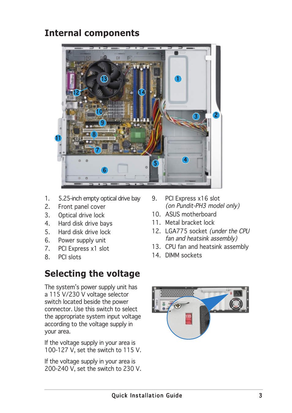 Internal components, Selecting the voltage | Asus Pundit-PH3 User Manual | Page 3 / 8