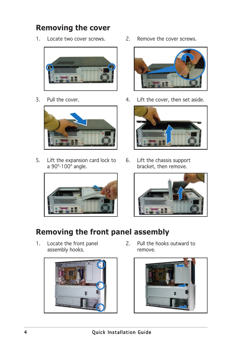 Removing the cover, Removing the front panel assembly | Asus Pundit-PH3 User Manual | Page 4 / 8