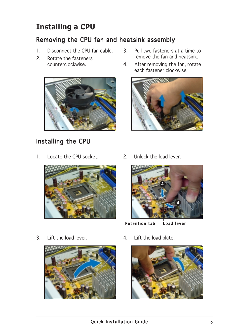 Installing a cpu, Removing the cpu fan and heatsink assembly, Installing the cpu | Asus Pundit-PH3 User Manual | Page 5 / 8