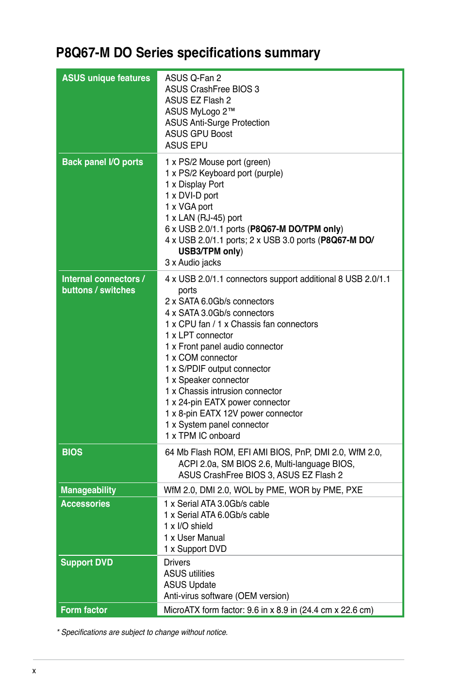 P8q67-m do series specifications summary | Asus P8Q67-M DO/USB3/TPM User Manual | Page 10 / 62