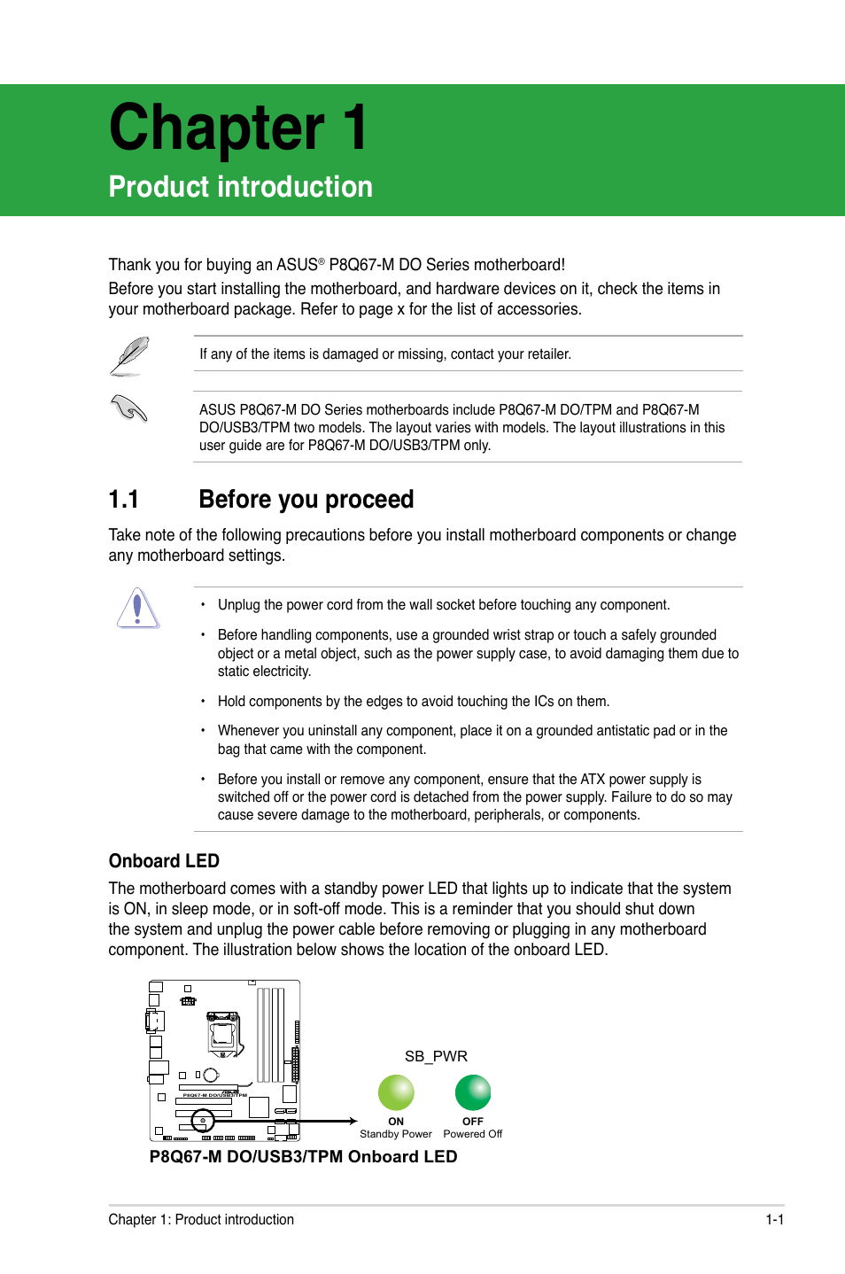 Chapter 1, Product introduction, 1 before you proceed | Before you proceed -1 | Asus P8Q67-M DO/USB3/TPM User Manual | Page 11 / 62