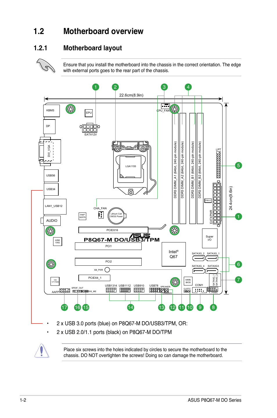 2 motherboard overview, 1 motherboard layout, Motherboard overview -2 1.2.1 | Motherboard layout -2, P8q67-m do/usb3/tpm | Asus P8Q67-M DO/USB3/TPM User Manual | Page 12 / 62