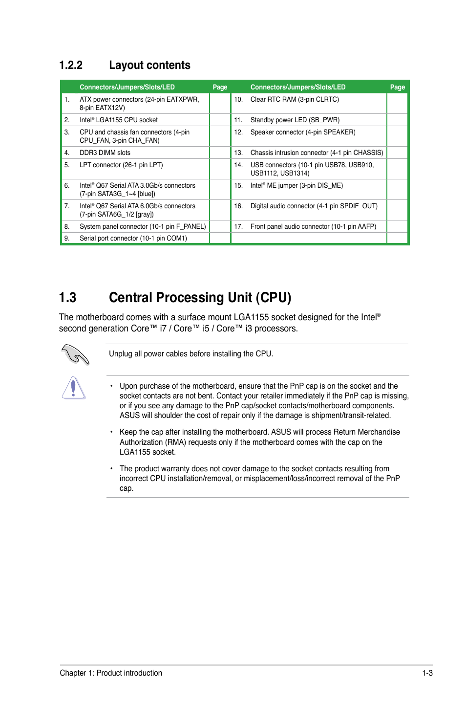 2 layout contents, 3 central processing unit (cpu), Layout contents -3 | Central processing unit (cpu) -3 | Asus P8Q67-M DO/USB3/TPM User Manual | Page 13 / 62
