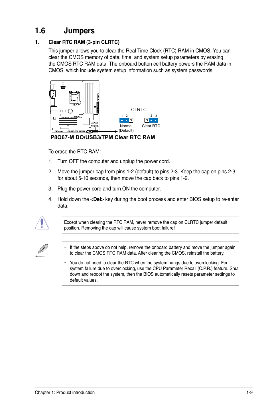 6 jumpers, Jumpers -9 | Asus P8Q67-M DO/USB3/TPM User Manual | Page 19 / 62