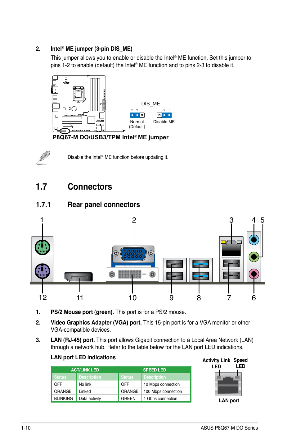 7 connectors, 1 rear panel connectors, Connectors -10 1.7.1 | Rear panel connectors -10 | Asus P8Q67-M DO/USB3/TPM User Manual | Page 20 / 62