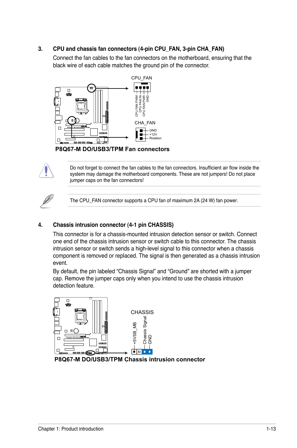 P8q67-m do/usb3/tpm fan connectors, P8q67-m do/usb3/tpm chassis intrusion connector | Asus P8Q67-M DO/USB3/TPM User Manual | Page 23 / 62