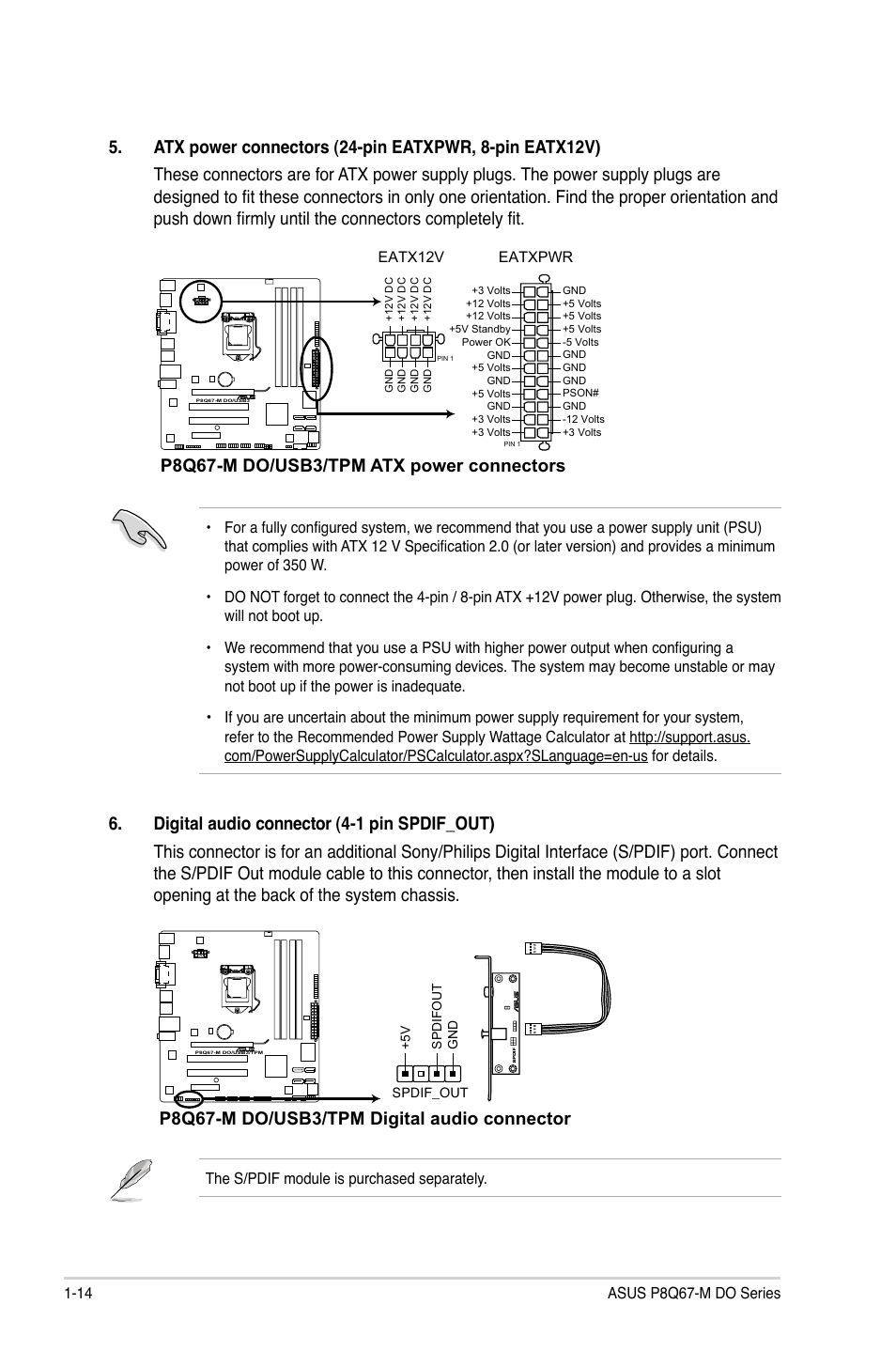P8q67-m do/usb3/tpm atx power connectors, P8q67-m do/usb3/tpm digital audio connector | Asus P8Q67-M DO/USB3/TPM User Manual | Page 24 / 62
