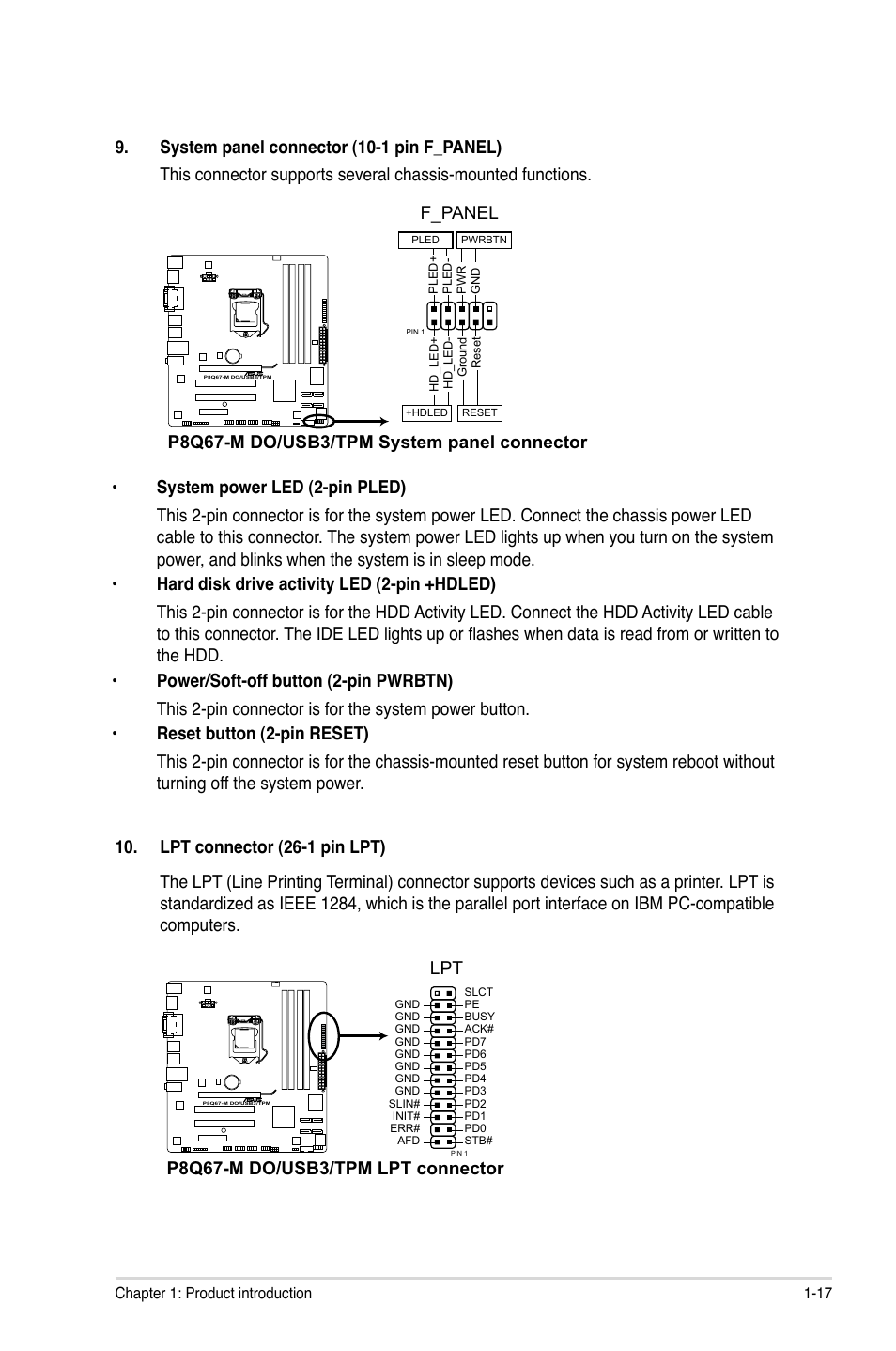 P8q67-m do/usb3/tpm system panel connector, F_panel, P8q67-m do/usb3/tpm lpt connector lpt | Asus P8Q67-M DO/USB3/TPM User Manual | Page 27 / 62